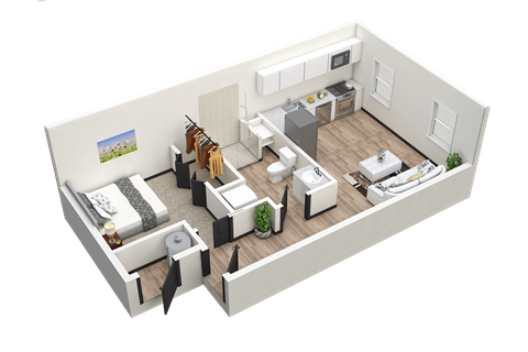 Floor plan for 1 bed, 1 bath, 475 sqft